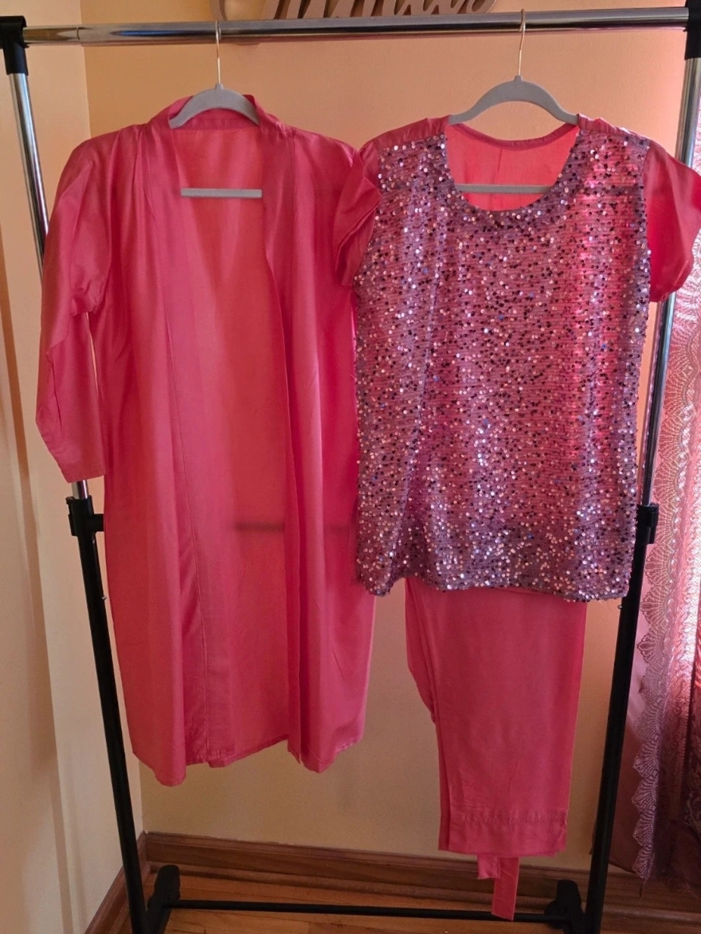 Handmade Hand Dyed Pink Sequin Two-Piece Set with Long Jacket